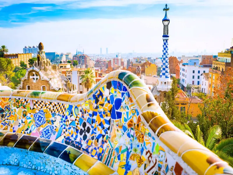 Barcelona city break Park Guell mosaic skyline