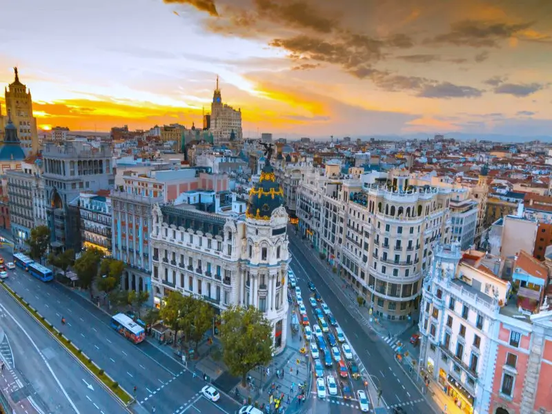 Madrid city break Gran Via sunset city lights
